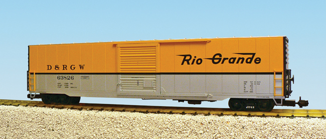 RIO GRANDE 60 SINGLE DOOR BOXCAR YELLOW/SILVER/BLUE