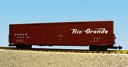 RIO GRANDE 60' SINGLE DOOR BOXCAR YELLOW/SILVER/BLUE