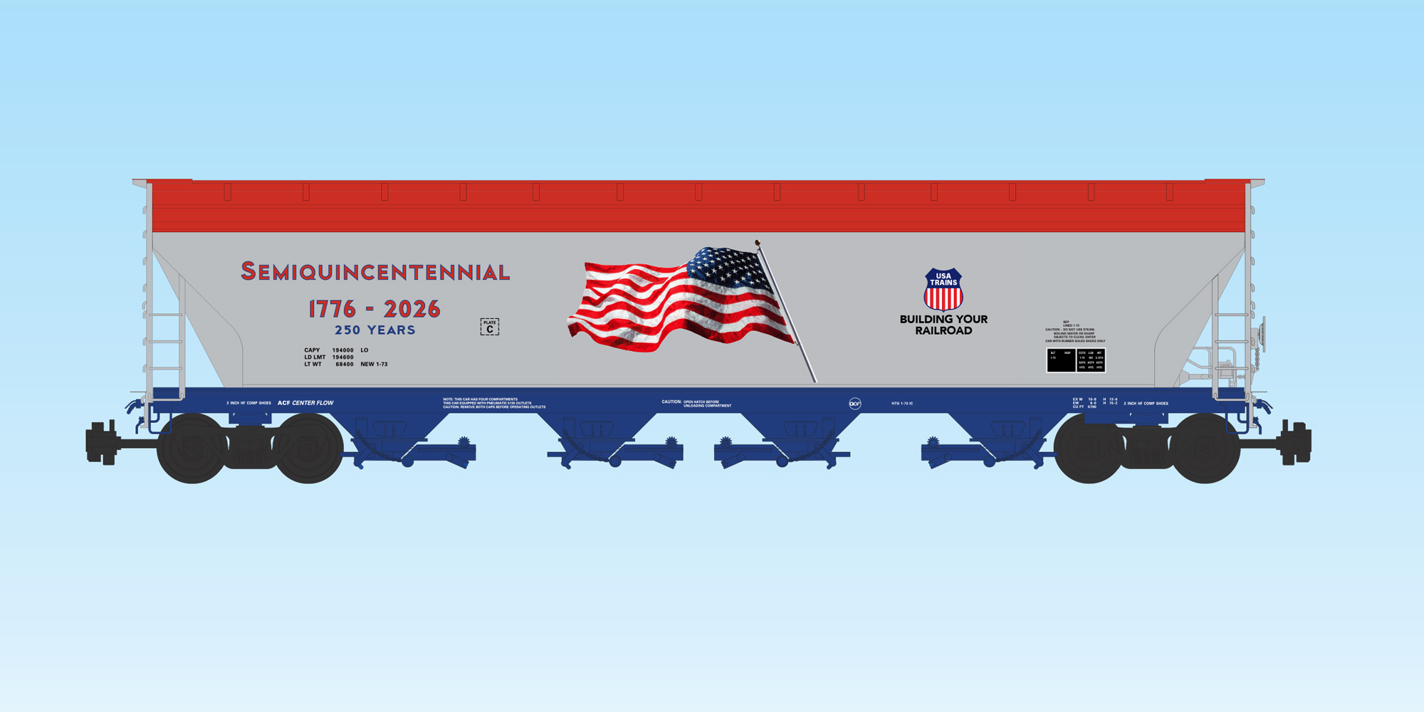 PATRIOTIC 4-BAY CENTER FLOW COVERED HOPPER SILVER/BLUE/RED